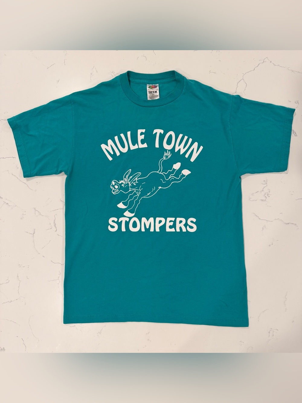 Y2K Mule Town Stompers Graphic Tee Fruit of the Loom Teal Adult M